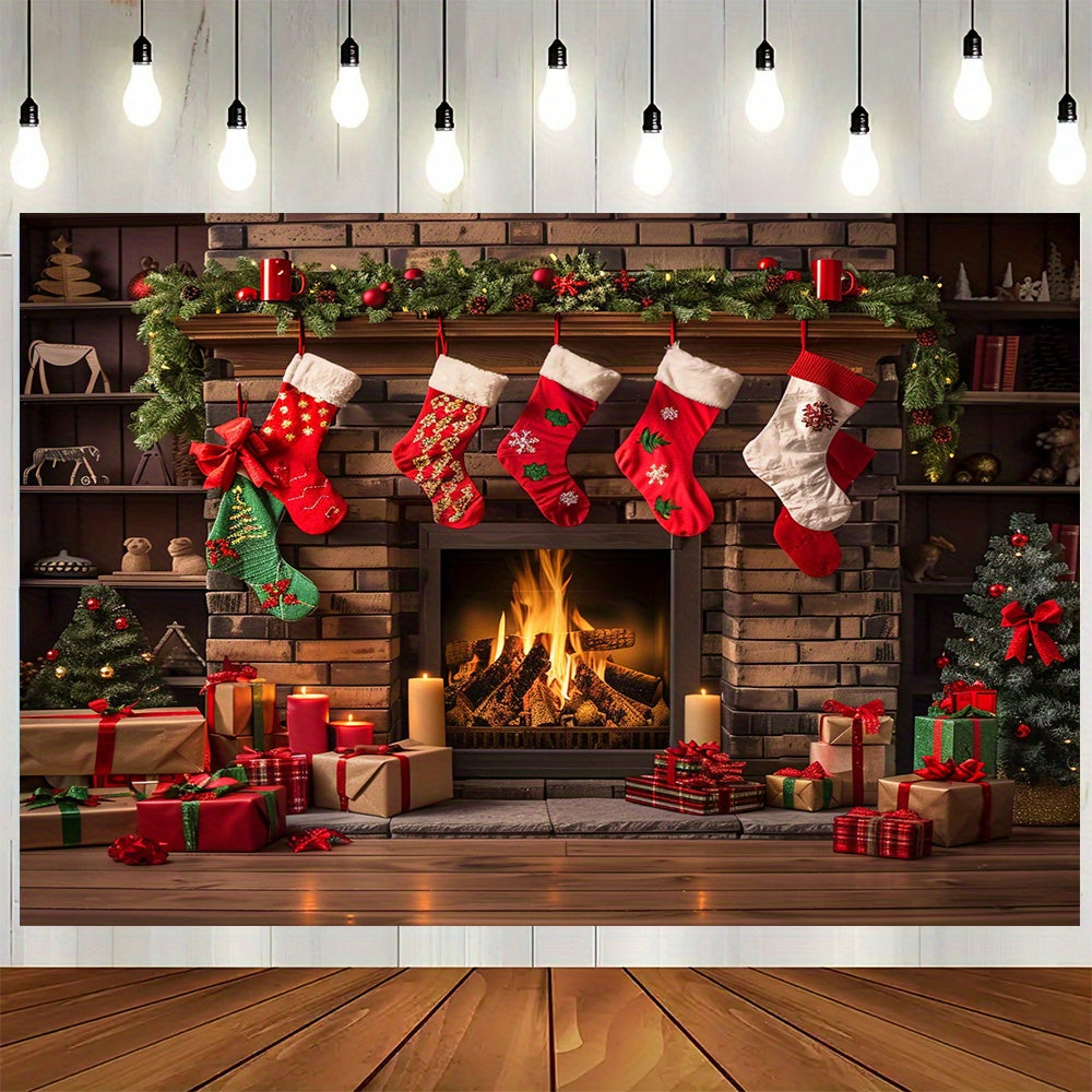 Winter Fireplace Christmas Backdrop Polyester Indoor Outdoor Multiple Sizes