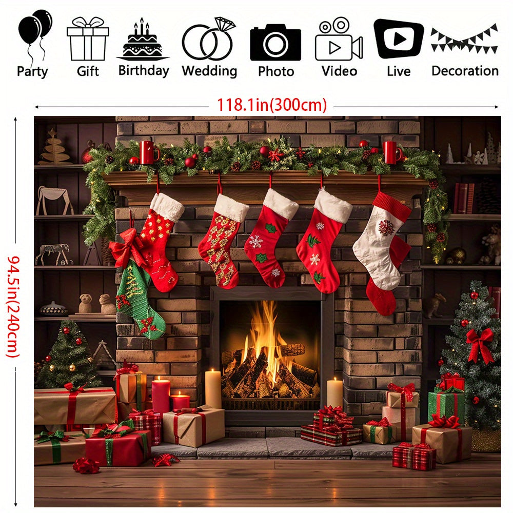 Winter Fireplace Christmas Backdrop Polyester Indoor Outdoor Multiple Sizes