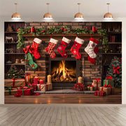 Winter Fireplace Christmas Backdrop Polyester Indoor Outdoor Multiple Sizes