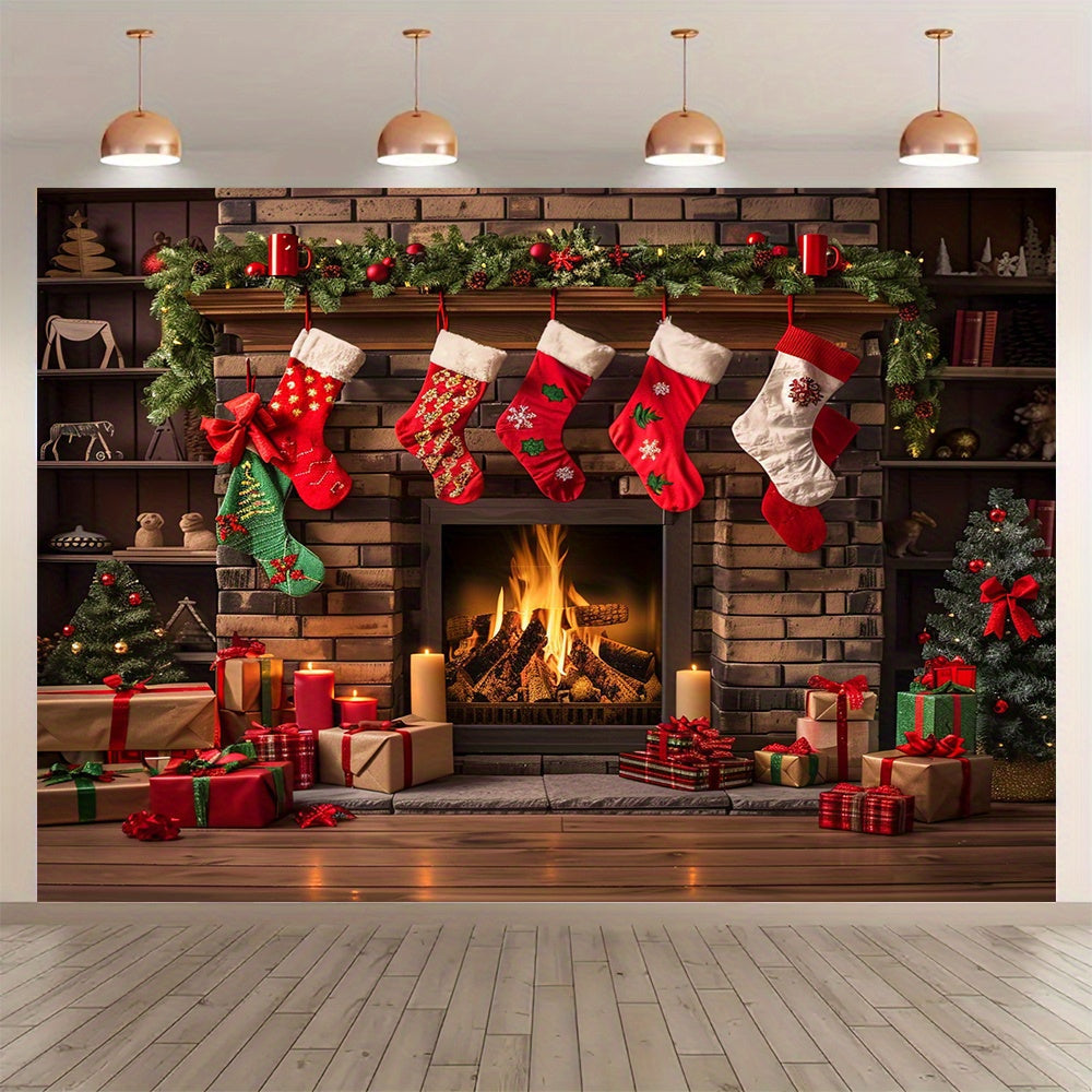 Winter Fireplace Christmas Backdrop Polyester Indoor Outdoor Multiple Sizes