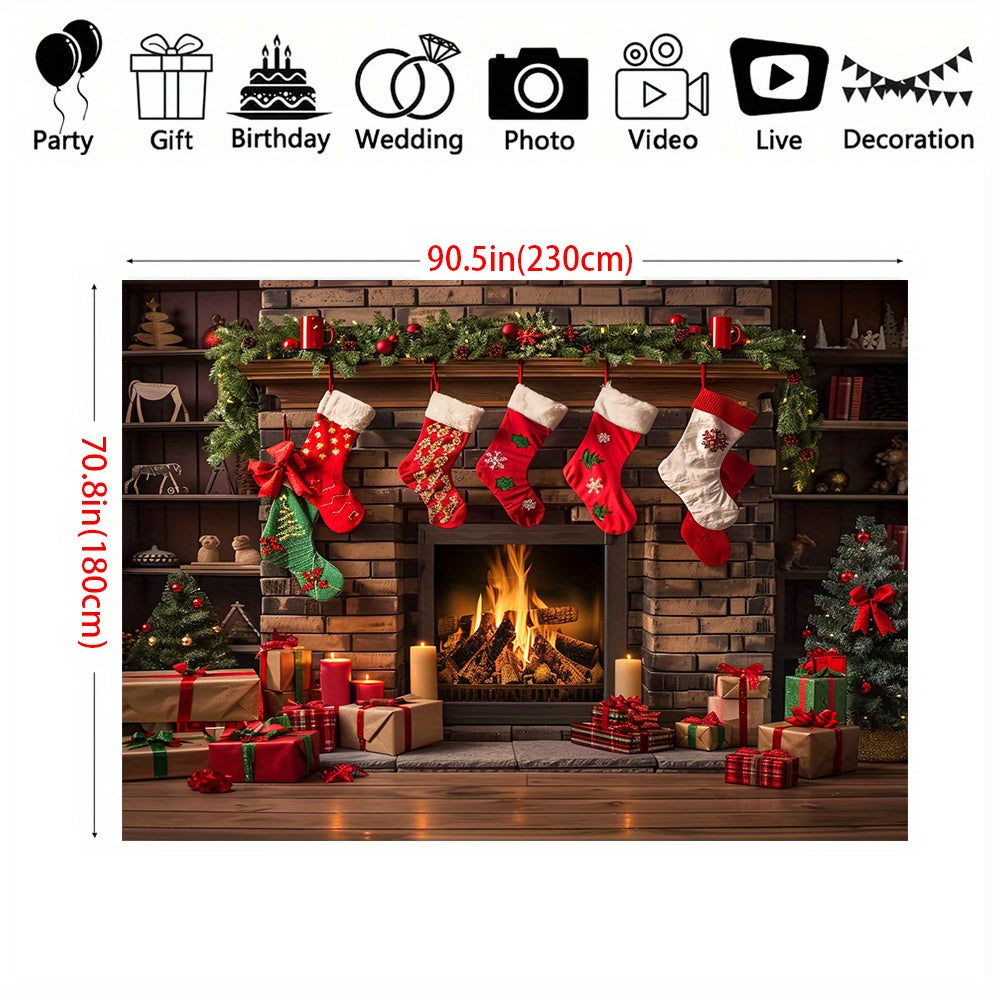 Winter Fireplace Christmas Backdrop Polyester Indoor Outdoor Multiple Sizes