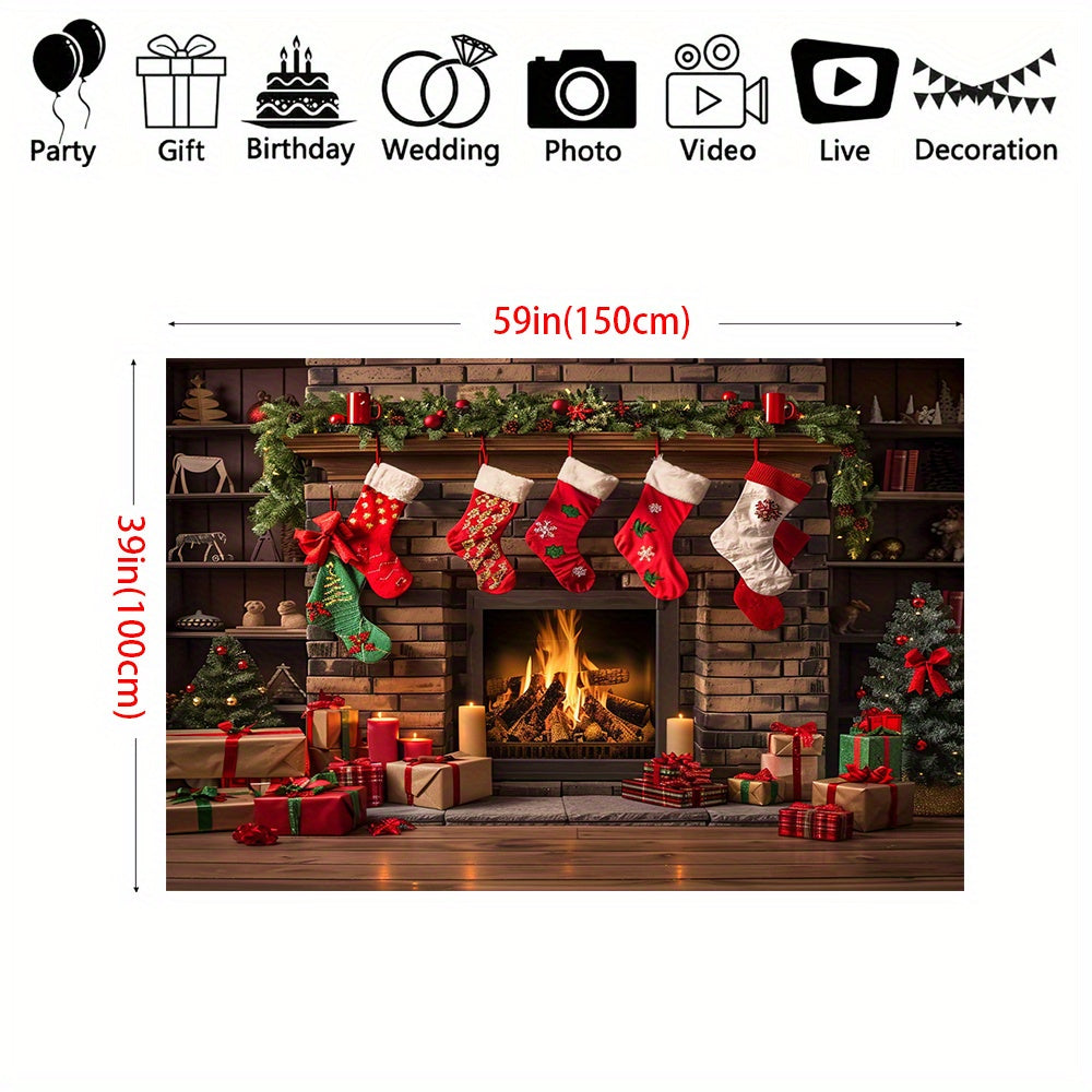 Winter Fireplace Christmas Backdrop Polyester Indoor Outdoor Multiple Sizes
