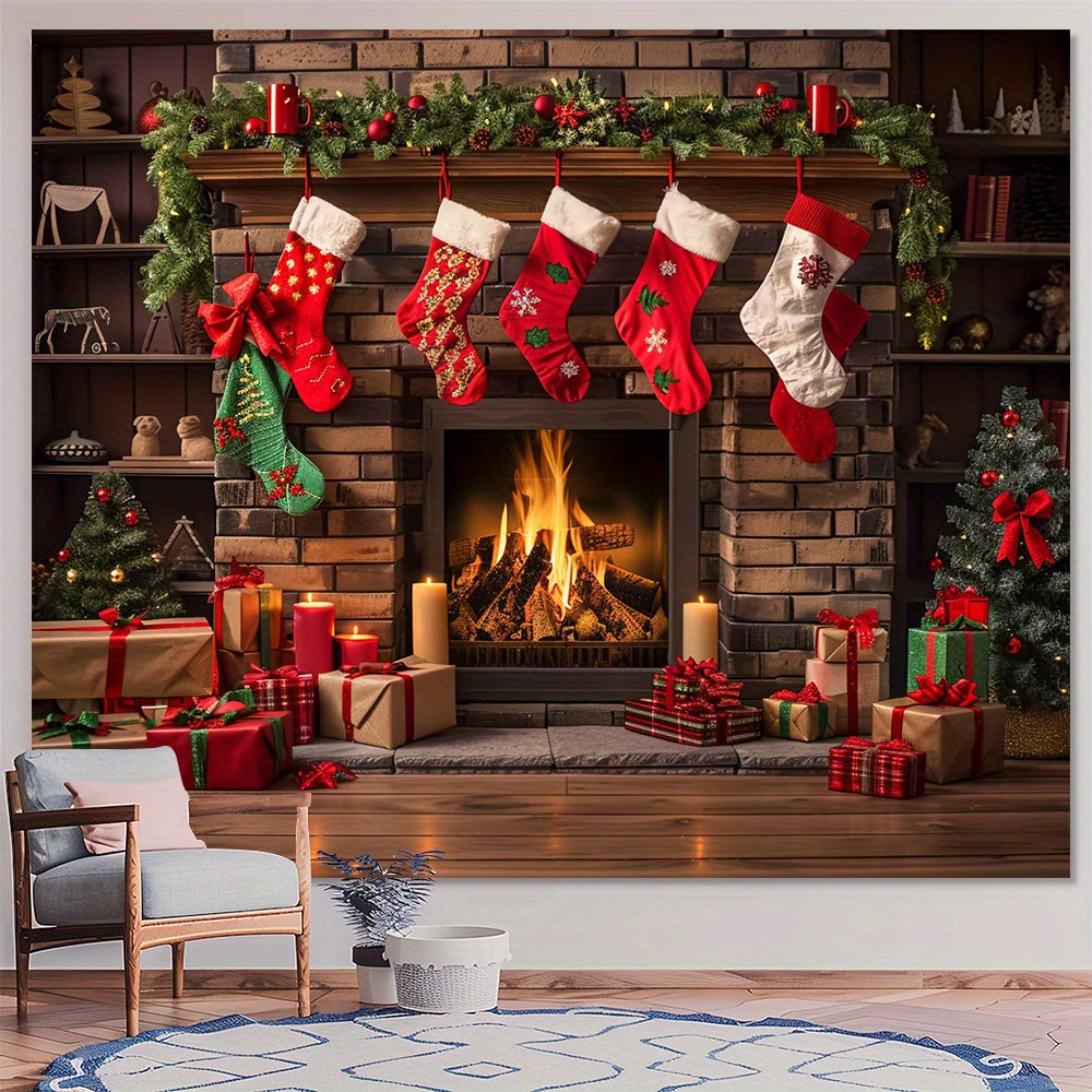 Winter Fireplace Christmas Backdrop Polyester Indoor Outdoor Multiple Sizes