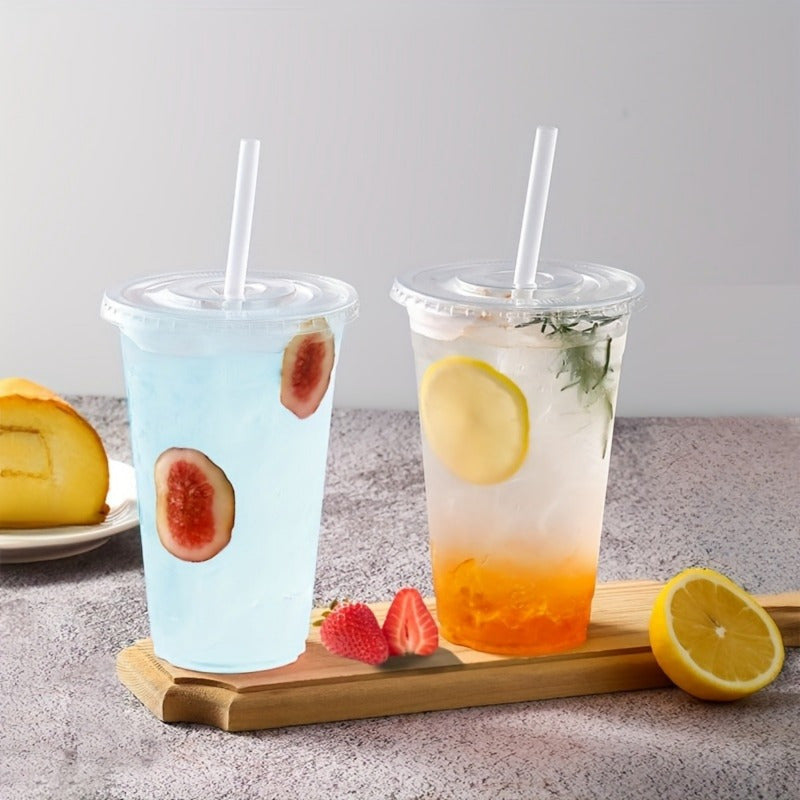 50 Disposable Plastic Cups with Lids for Parties, Camping, Cold Drinks