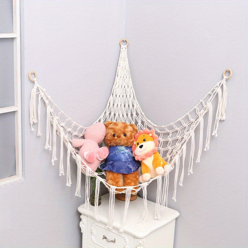 Wall Corner Toy Storage Net Hand-Woven Rope Hammock for Stuffed Animals and Toys