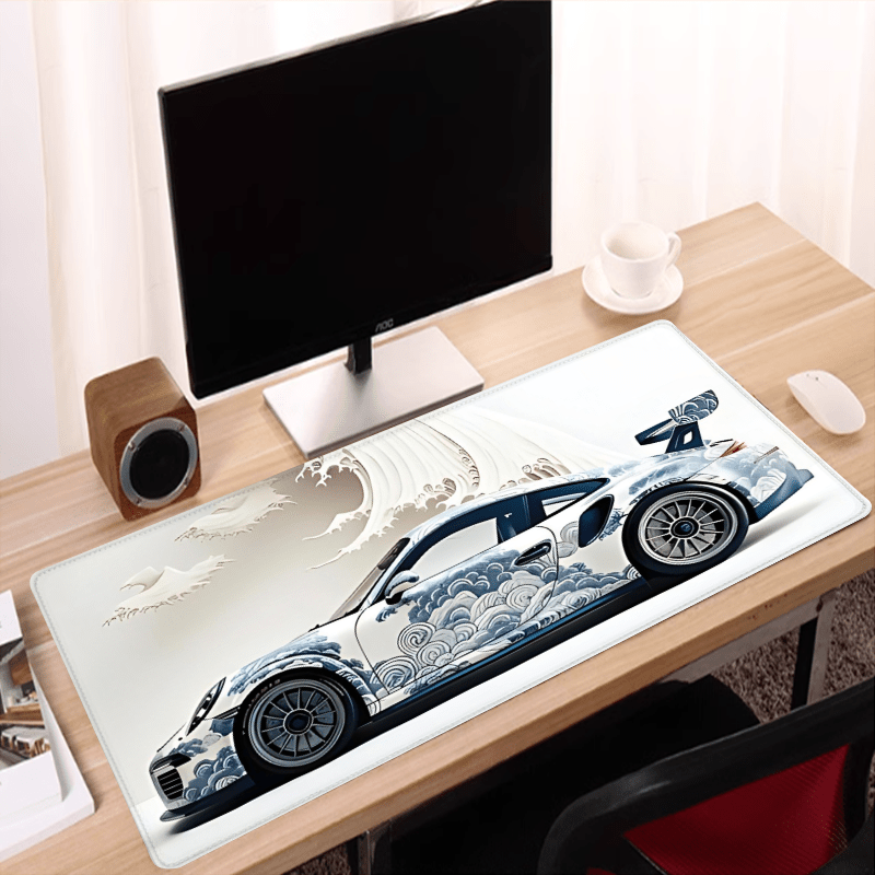 Large Ocean Wave Racing Car Mouse Pad Gaming Desk Mat Non-Slip Rubber Base 89.92x39.88 cm
