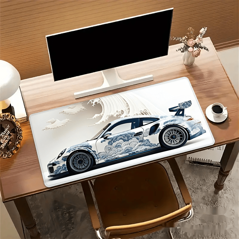 Large Ocean Wave Racing Car Mouse Pad Gaming Desk Mat Non-Slip Rubber Base 89.92x39.88 cm
