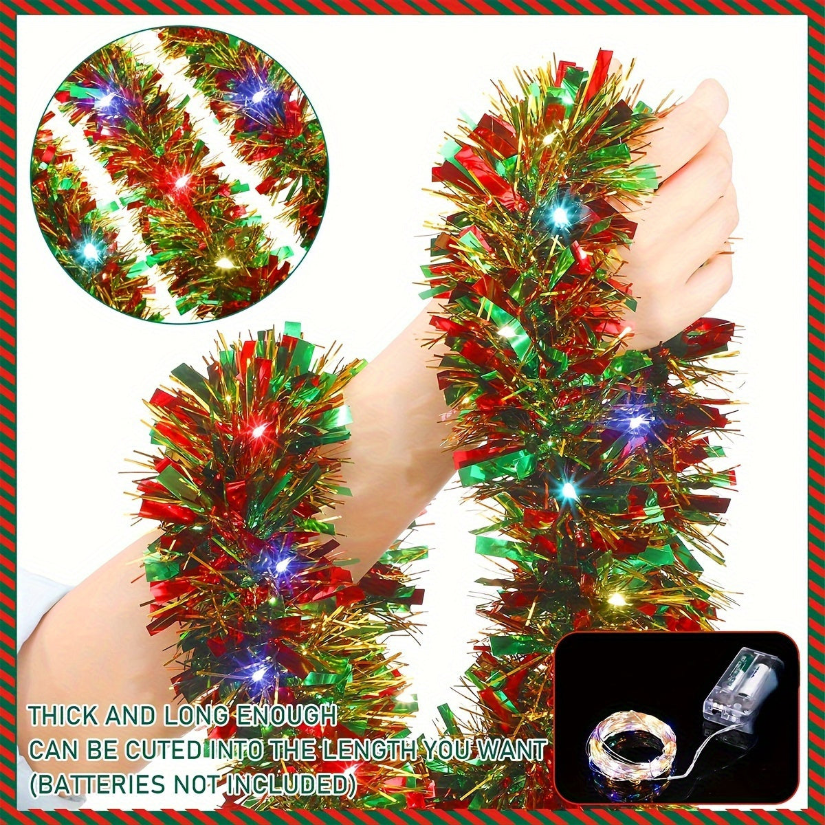 LED Tinsel Garland with Lights 2-Pack Christmas Tree Decorations Indoor Battery Operated
