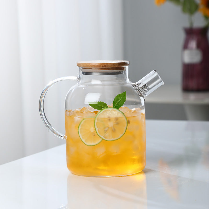 Large 1L Glass Kettle with Stainless Steel Bamboo Lid for Tea and Iced Beverages