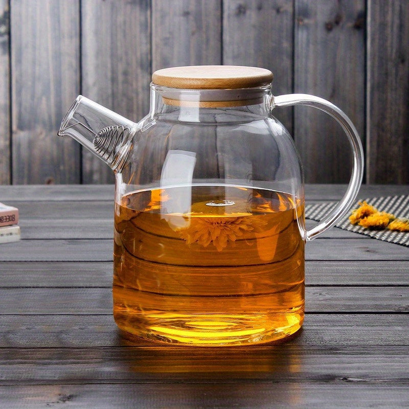 Large 1L Glass Kettle with Stainless Steel Bamboo Lid for Tea and Iced Beverages