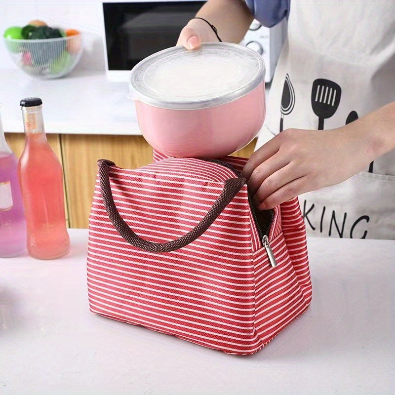 Striped Insulated Lunch Bag with Zipper Leak-Proof Oxford Cloth for School Office