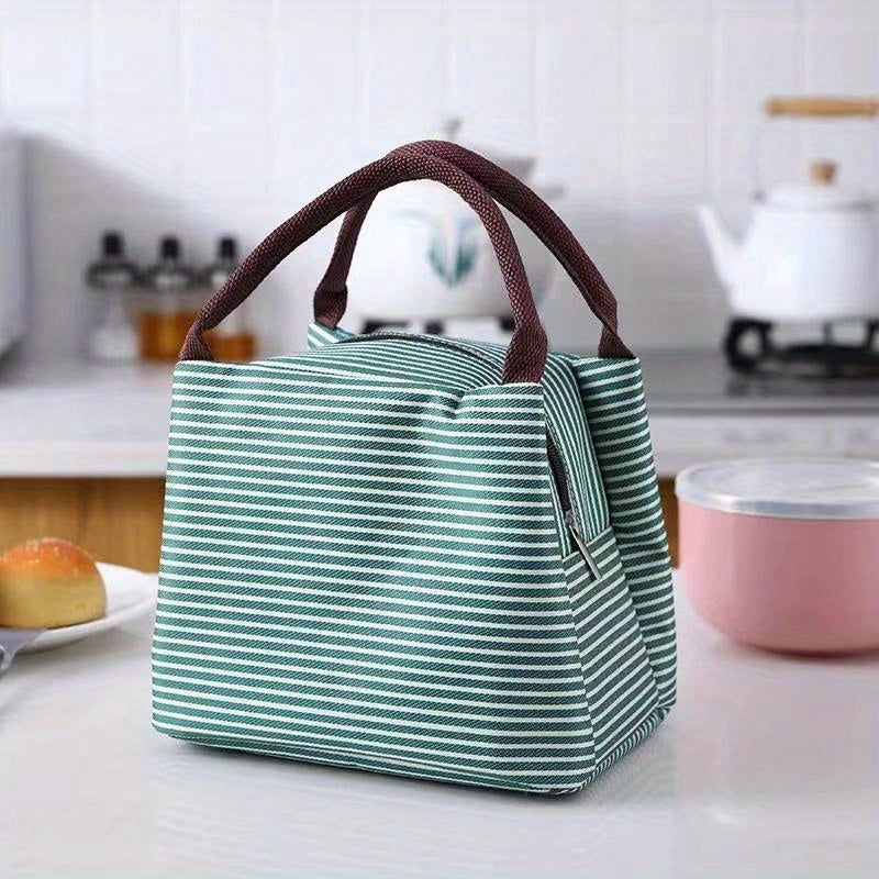 Striped Insulated Lunch Bag with Zipper Leak-Proof Oxford Cloth for School Office