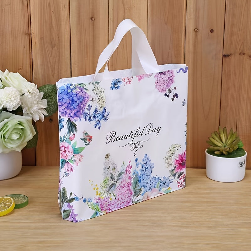 10 Elegant Floral Gift Bags Durable Plastic Tote for Gifts Shopping Parties