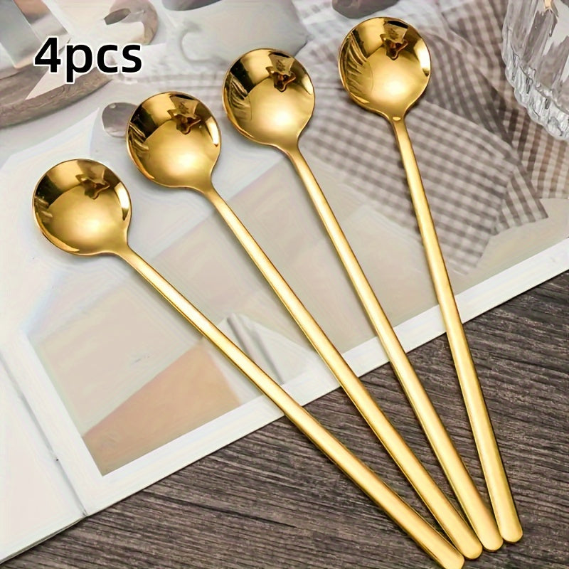 Set of 4 Stainless Steel Long-Handled Spoons for Coffee Tea Dessert Serving