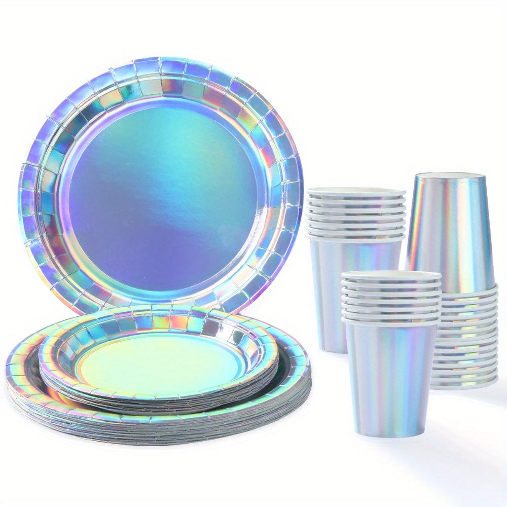 Holographic Paper Plates and Cups Set of 8 for Parties and Picnics