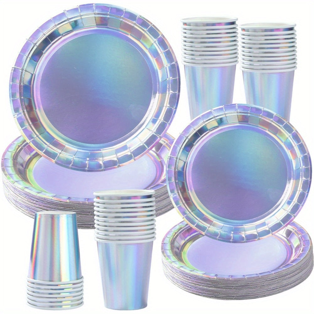 Holographic Paper Plates and Cups Set of 8 for Parties and Picnics