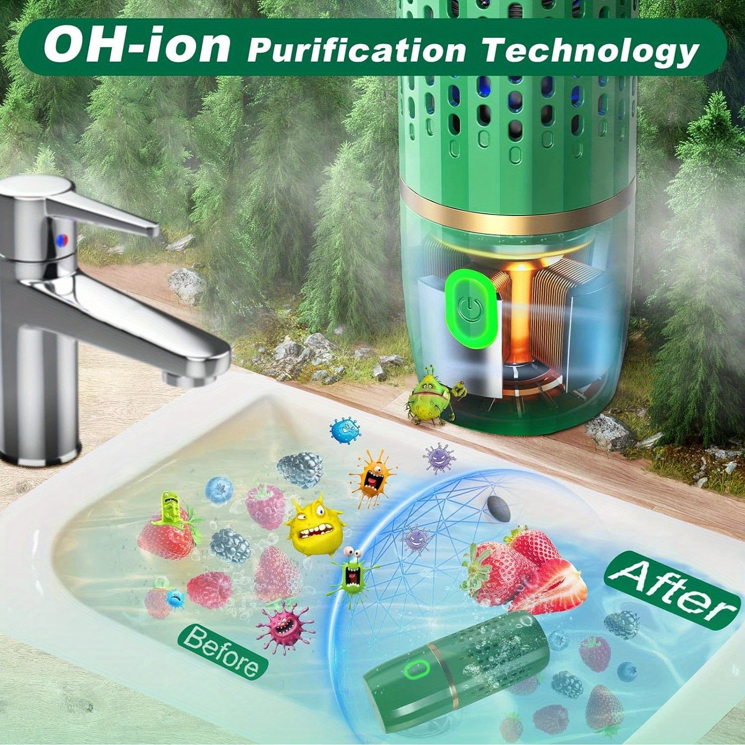 Toza va mevali-uzumli mahsulotlar uchun portativ tozalash vositasi, Oh-Ion tozalash texnologiyasidan foydalanib, chuqur tozalash uchun.