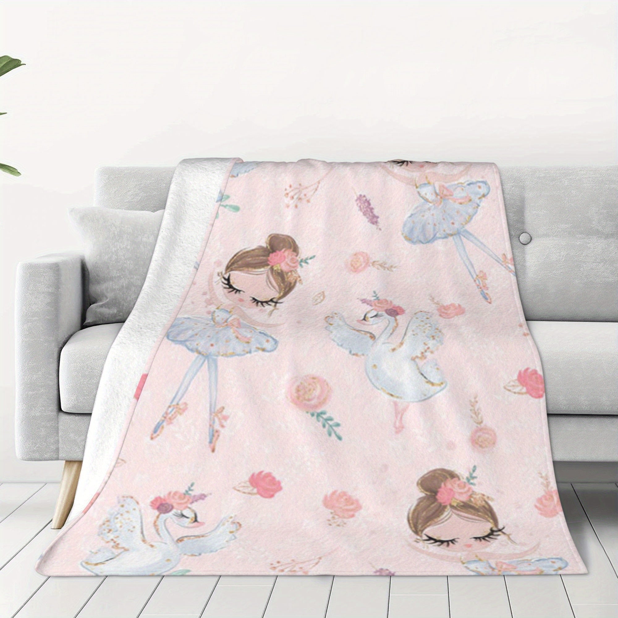 Pink Velvet Blanket with Ballet Dancer Pattern for Kids and Teens