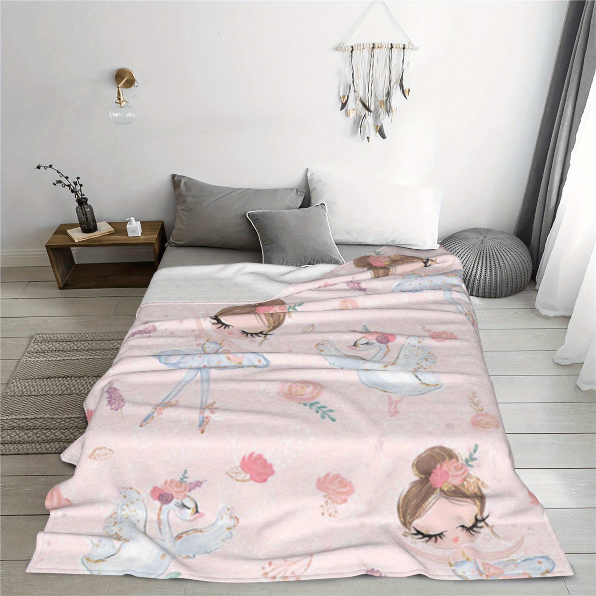 Pink Velvet Blanket with Ballet Dancer Pattern for Kids and Teens