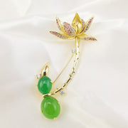 Green Crystal Lotus Brooch Floral Rhinestone Pin for Women's Fashion