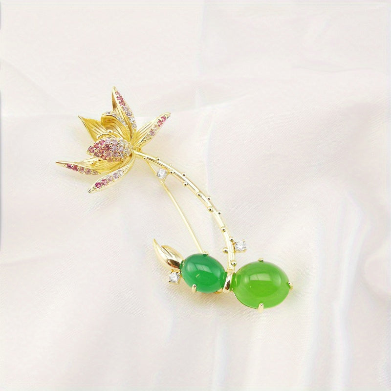 Green Crystal Lotus Brooch Floral Rhinestone Pin for Women's Fashion