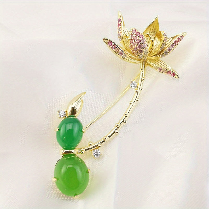 Green Crystal Lotus Brooch Floral Rhinestone Pin for Women's Fashion