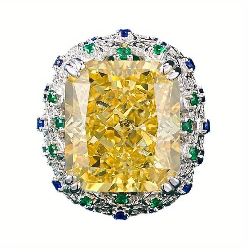 Yellow Silver Fashion Ring with High Carbon Drill Ice Cut Synthetic Stone for Daily Wear