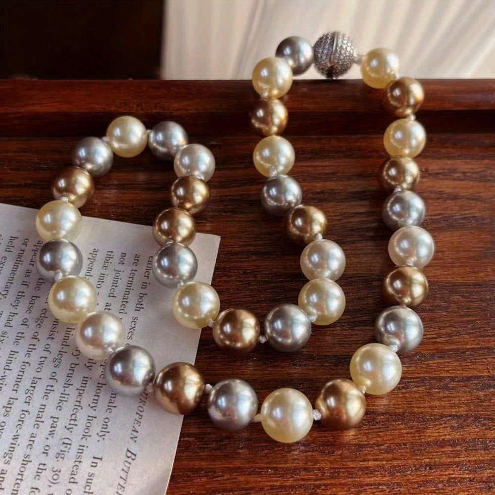 Large Particle 10mm Imitation Pearl Necklace for Women in Maillard Light Brown
