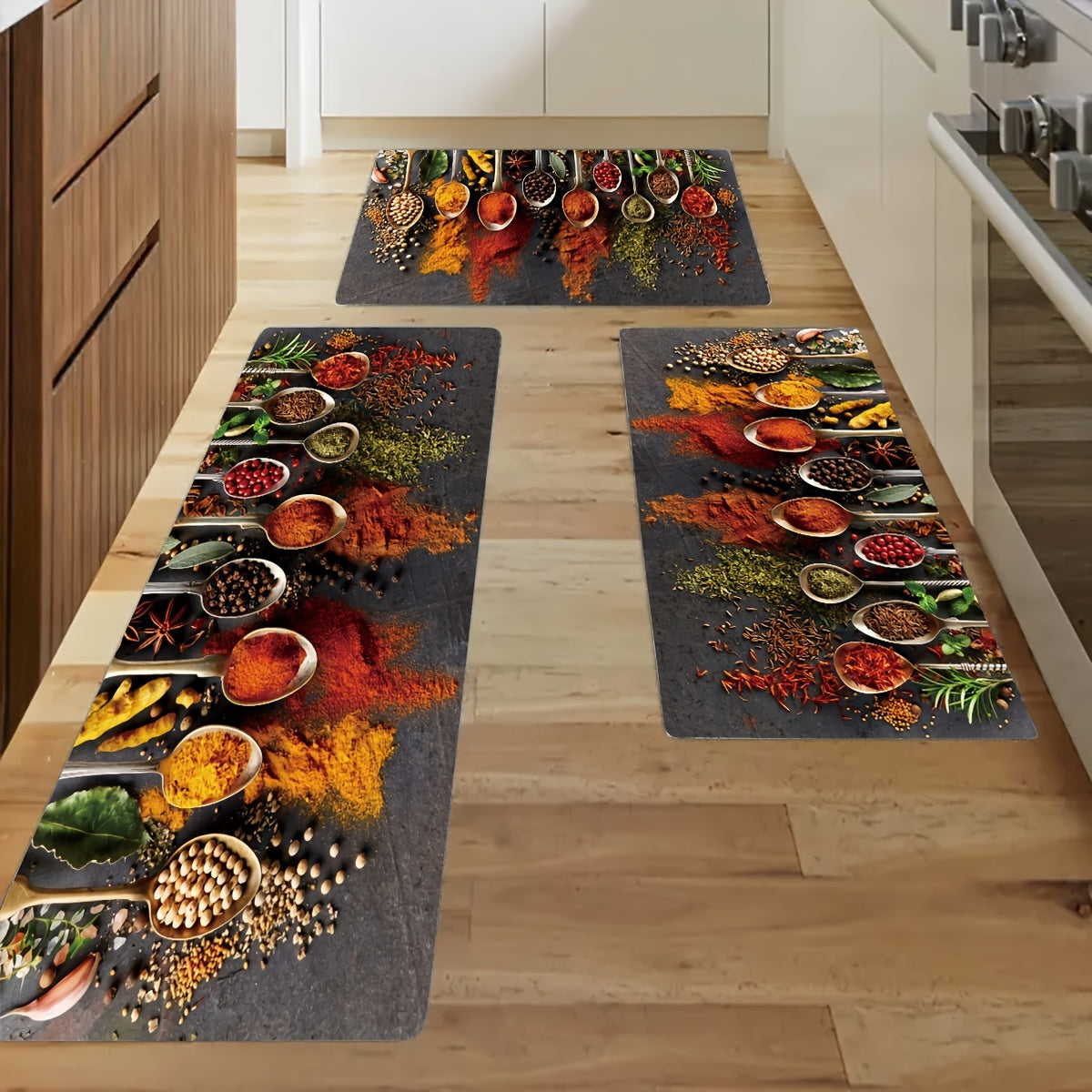 Farmhouse Kitchen Mat with Spoon and Spice Design, Fade-Resistant, High Traffic Entryway Rug