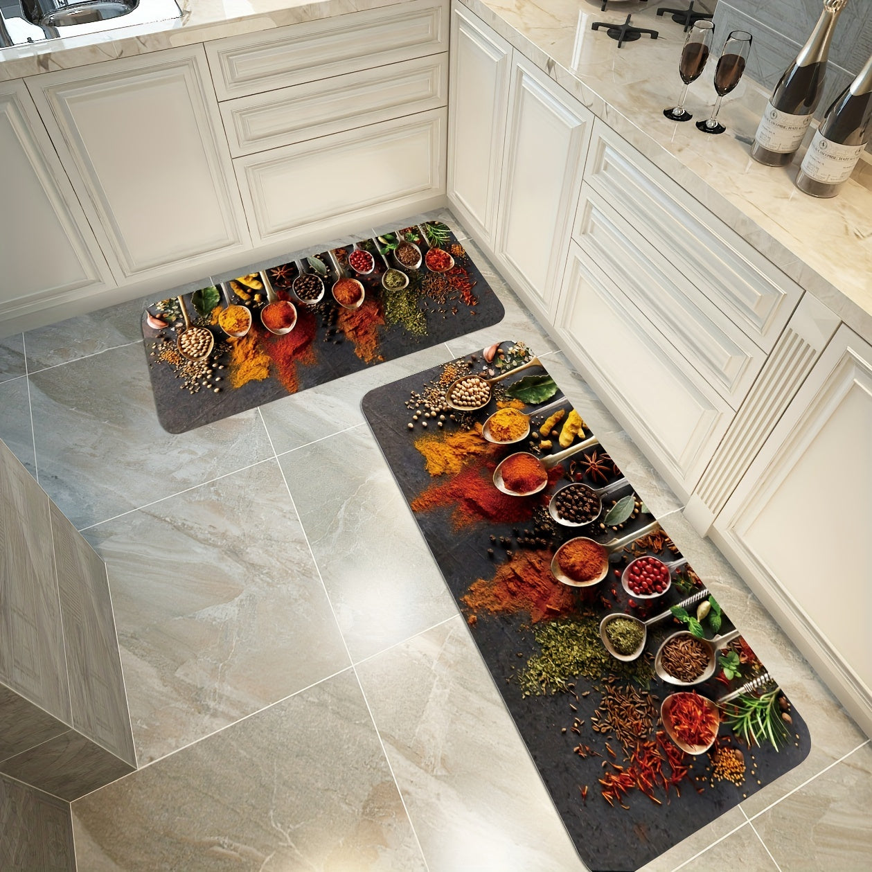 Farmhouse Kitchen Mat with Spoon and Spice Design, Fade-Resistant, High Traffic Entryway Rug