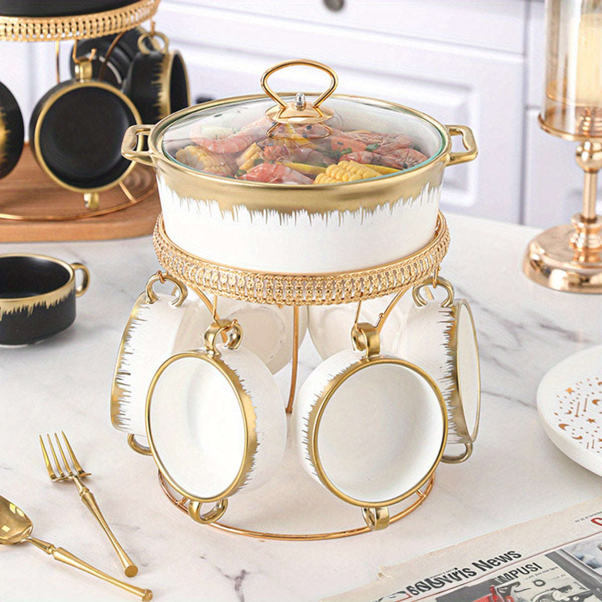 7-Piece Ceramic Soup Tureen Set with Lid for Home Kitchen