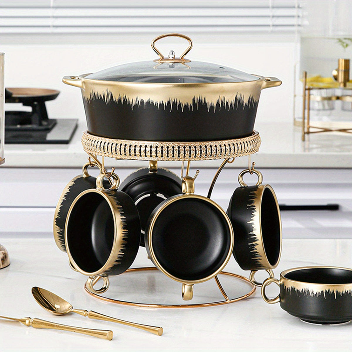 7-Piece Ceramic Soup Tureen Set with Lid for Home Kitchen