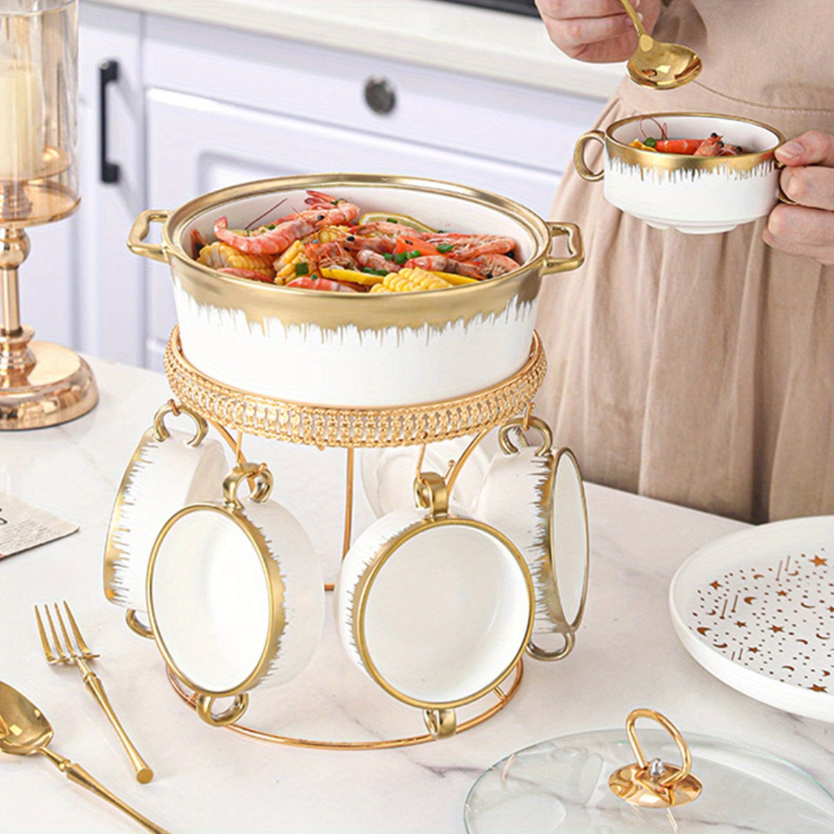 7-Piece Ceramic Soup Tureen Set with Lid for Home Kitchen