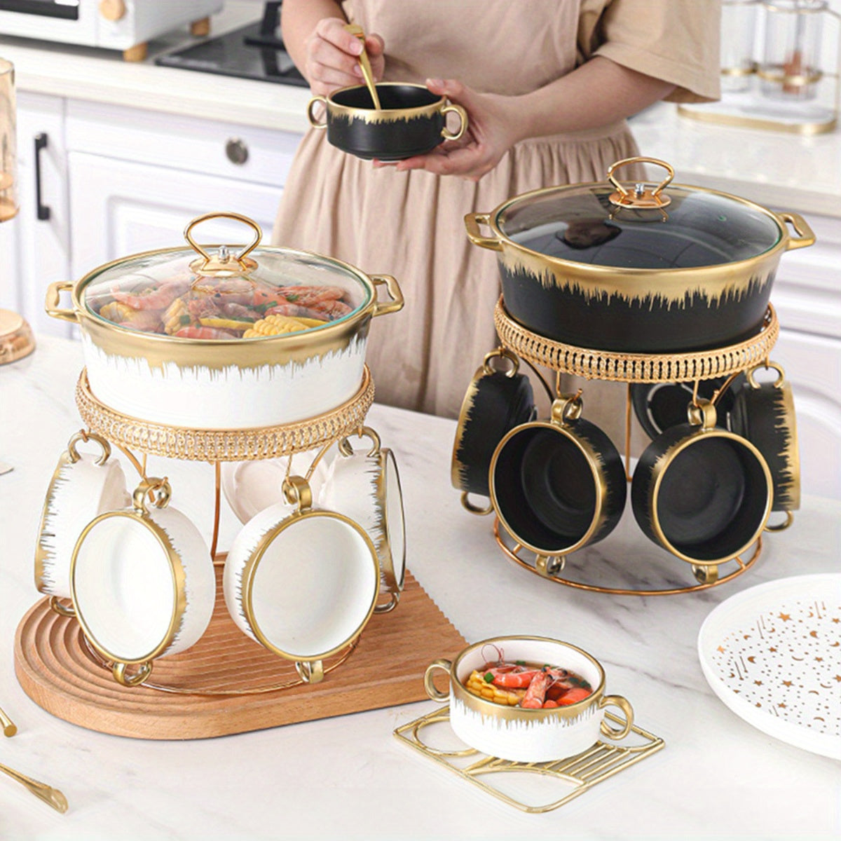 7-Piece Ceramic Soup Tureen Set with Lid for Home Kitchen