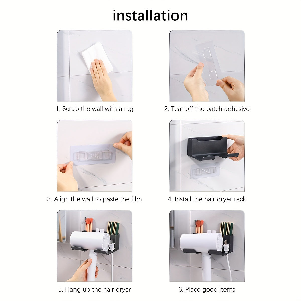 Wall-Mounted Hair Dryer Rack Bathroom Storage Organizer Black Metal