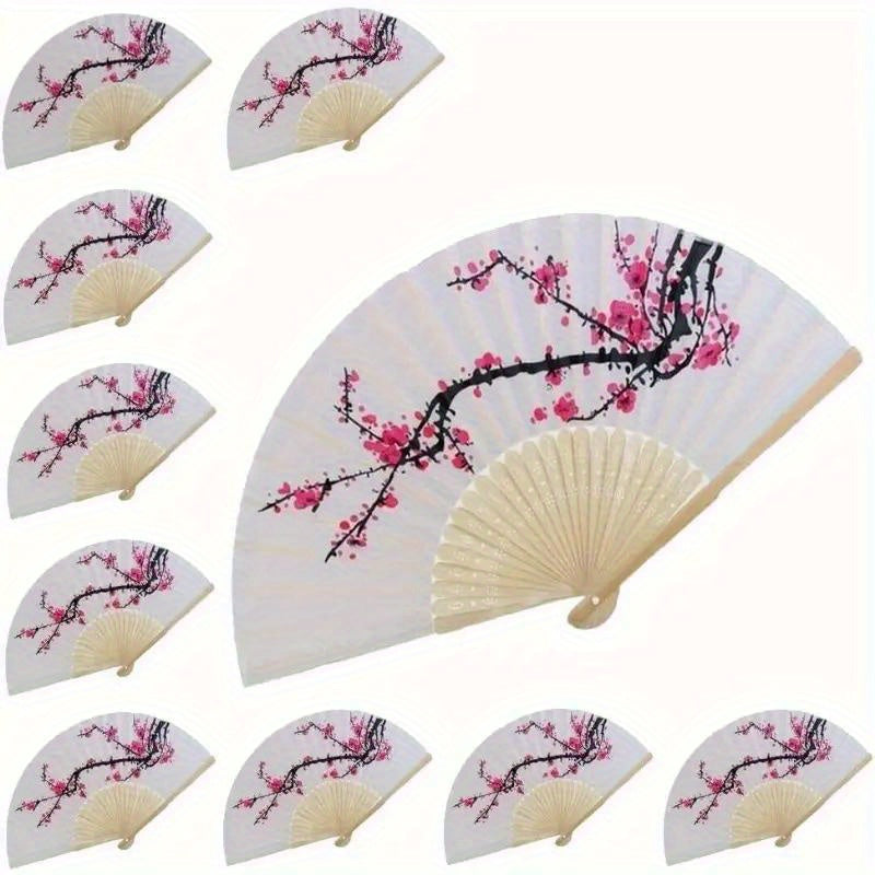 Set of 10 Elegant Cherry Blossom Silk Folding Fans for Weddings and Parties