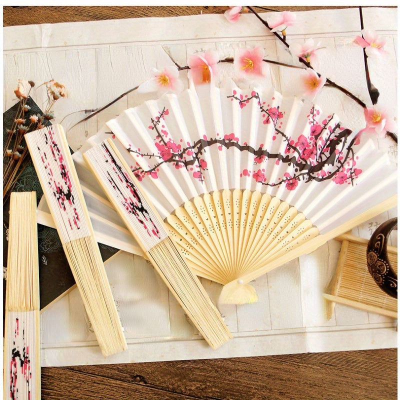 Set of 10 Elegant Cherry Blossom Silk Folding Fans for Weddings and Parties