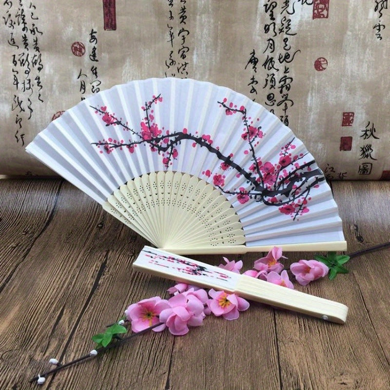 Set of 10 Elegant Cherry Blossom Silk Folding Fans for Weddings and Parties