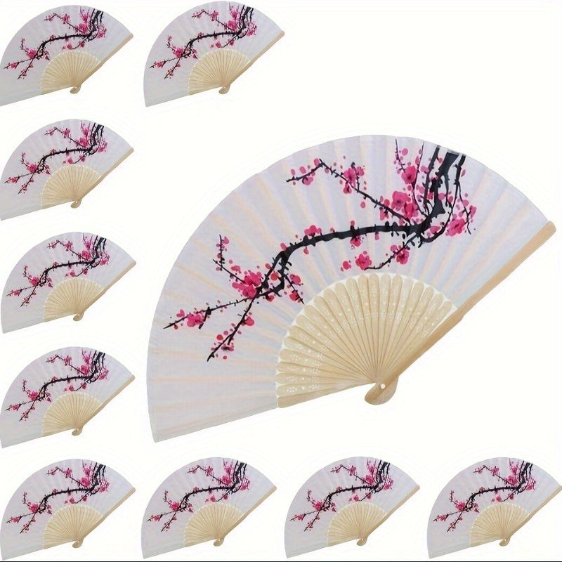 Set of 10 Elegant Cherry Blossom Silk Folding Fans for Weddings and Parties