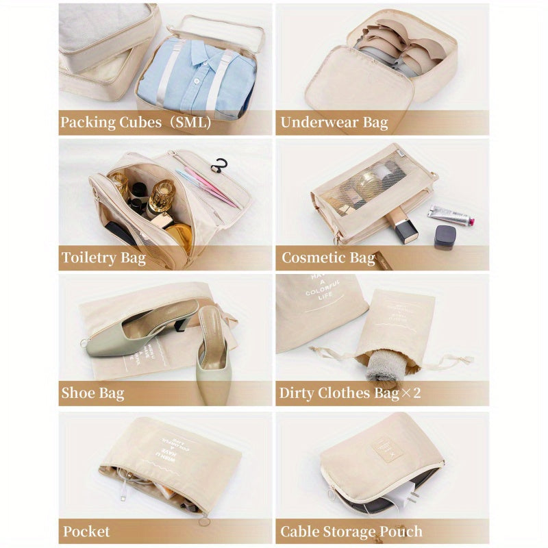 11-Piece Nylon Hanging Cosmetic Bag Set for Travel Organization with Mesh Compartments