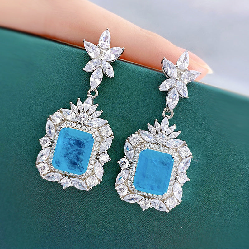 Sterling Silver Drop Earrings with Synthetic Paraiba Stone and Mosaic for Daily Wear and Weddings