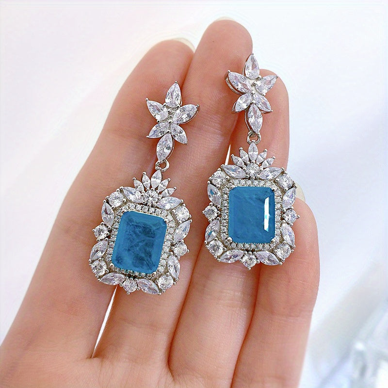 Sterling Silver Drop Earrings with Synthetic Paraiba Stone and Mosaic for Daily Wear and Weddings