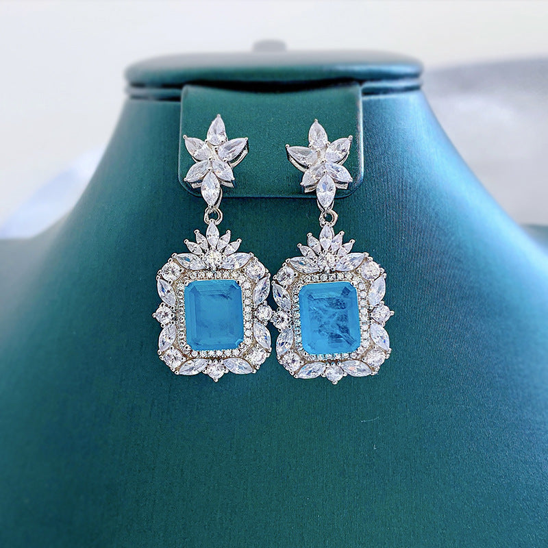 Sterling Silver Drop Earrings with Synthetic Paraiba Stone and Mosaic for Daily Wear and Weddings