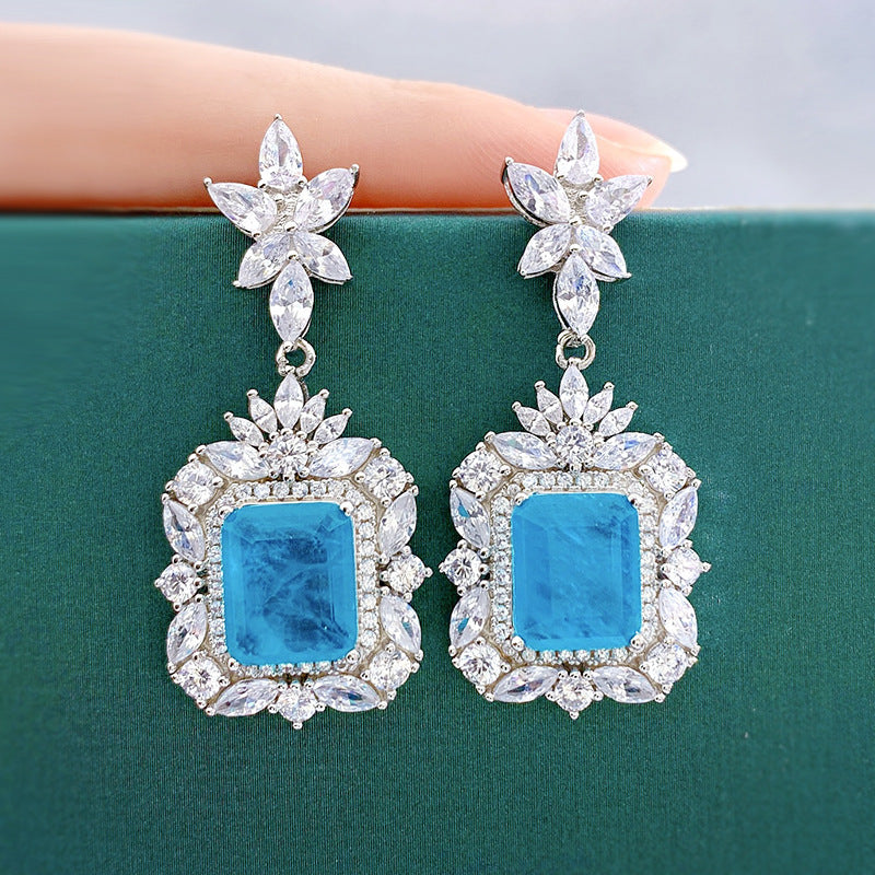 Sterling Silver Drop Earrings with Synthetic Paraiba Stone and Mosaic for Daily Wear and Weddings