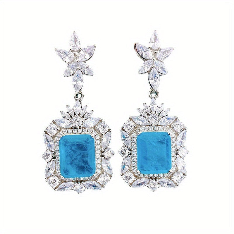 Sterling Silver Drop Earrings with Synthetic Paraiba Stone and Mosaic for Daily Wear and Weddings