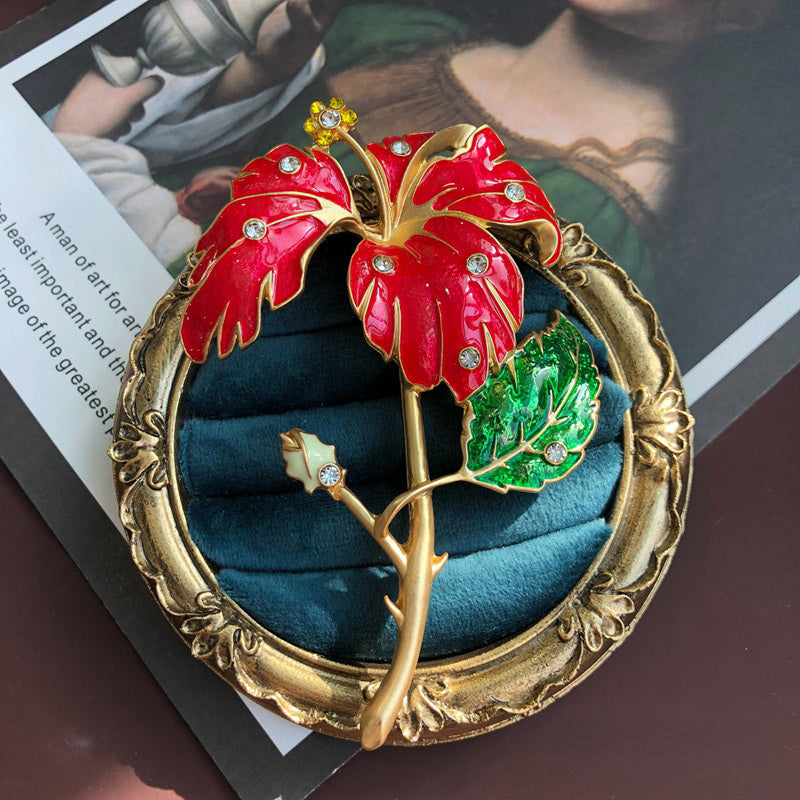 Antique Flower Brooch Pin with Enamel Detailing Jadeite Stone and Drip Oil Design