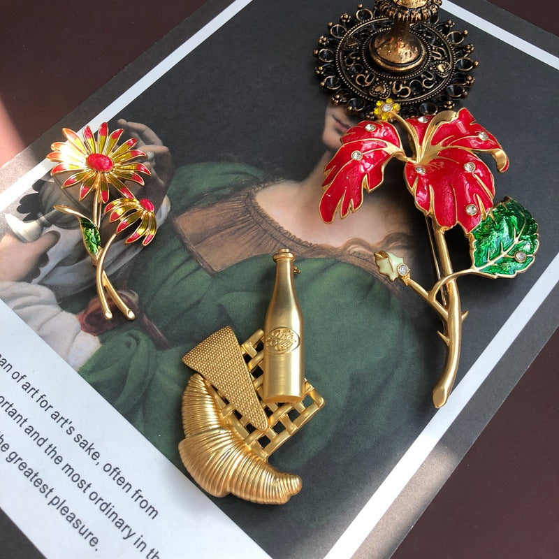 Antique Flower Brooch Pin with Enamel Detailing Jadeite Stone and Drip Oil Design