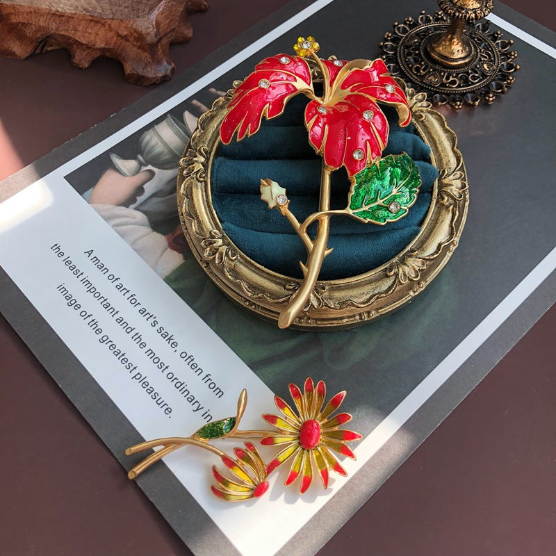 Antique Flower Brooch Pin with Enamel Detailing Jadeite Stone and Drip Oil Design