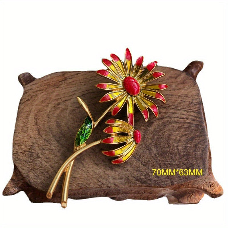 Antique Flower Brooch Pin with Enamel Detailing Jadeite Stone and Drip Oil Design