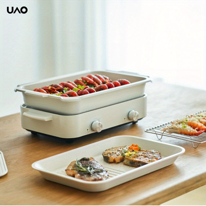 1 dona UAO Multi-Functional Electric Cooking Pot - Oq rangli toʻgʻri burchakli Hot Pot va Grill Combo, Alyuminiy Alloy, 220V-240V bilan EU plagin bilan - Oila yigʻilishlari va turli xil pishirish uchun ideal.